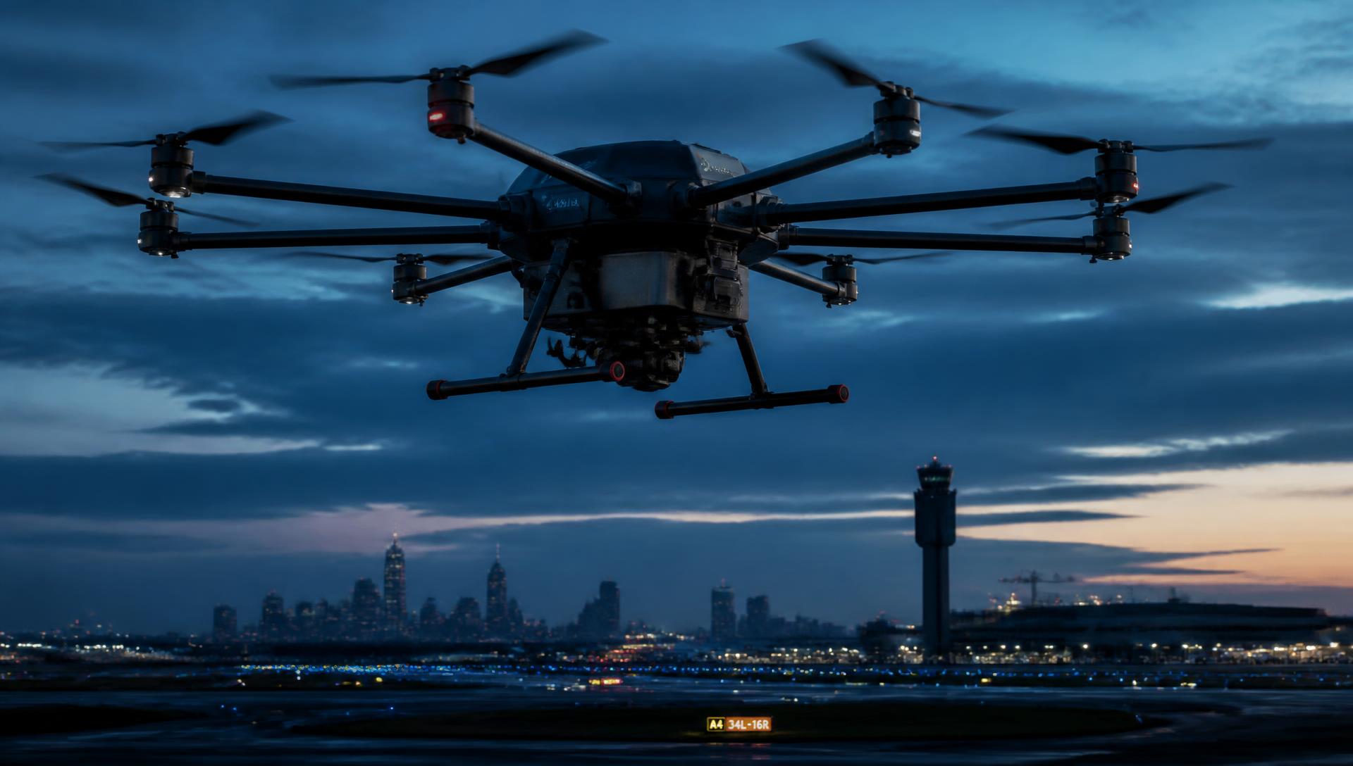 Heavy-lift unmanned aircraft operating over an airfield at dusk